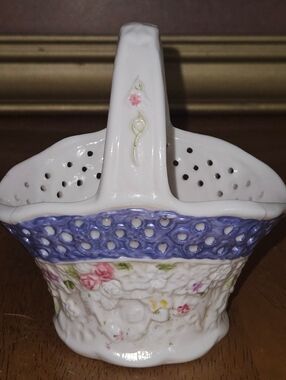 Small White Ceramic Basket with Blue Rim and Pink Rose Accents